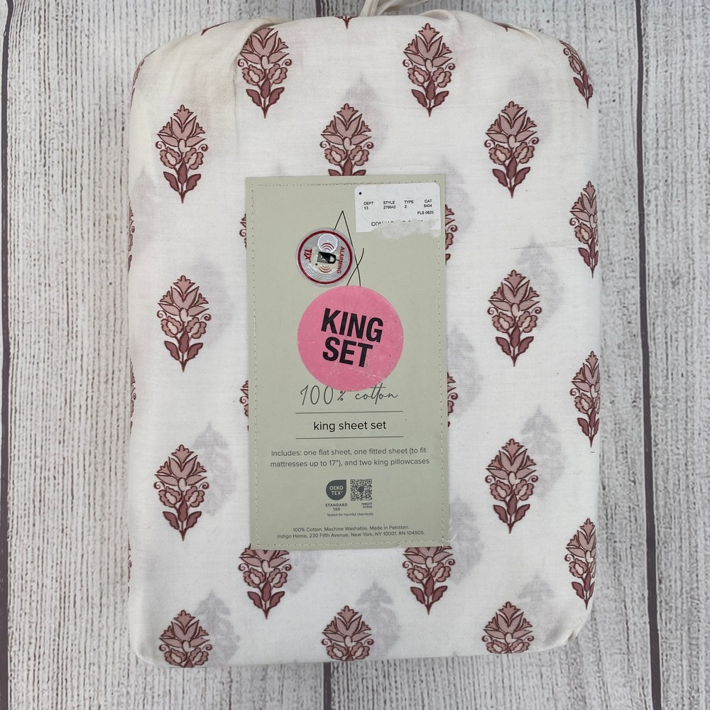 Joie Home Sheet Set King 100% Cotton White Pink Floral Block Print Boho Chic